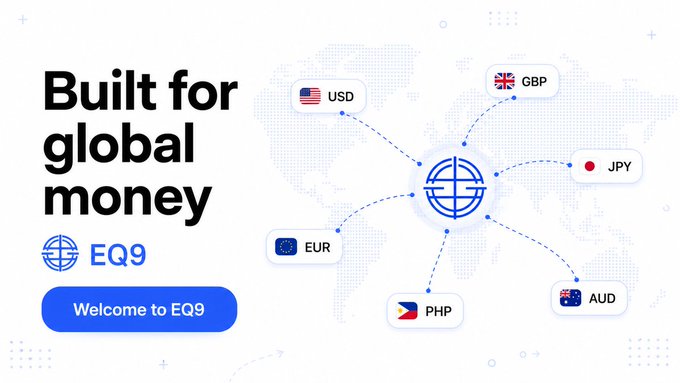 A graphic for EQ9 reads 'Built for global money' with a world map showing currency connections including USD, GBP, EUR, JPY, PHP, and AUD.