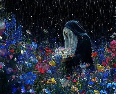 An ethereal figure in a dark hooded cloak stands holding a basket of colorful flowers while rain falls against a black background filled with vibrant blossoms.