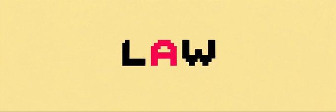 Pixel art text spelling 'LAW' is shown on a tan background, with the letter 'A' in red and the others in black.