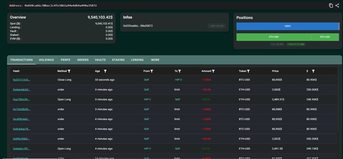 A cryptocurrency trading interface displaying an overview total of 9,540,103.42$, with tabs for Transactions, Holdings, Perps, Orders, Vaults, Staking, and Lending, showing various buy/sell orders between Self and HIP-2 in BTC-USD and ETH-USD pairs.