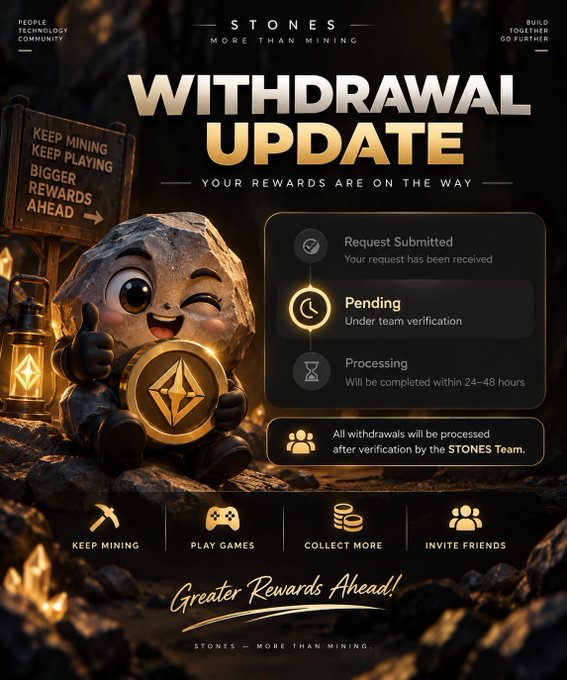 A "Withdrawal Update" graphic from STONES ("More Than Mining") shows a cheerful stone mascot holding an Ethereum coin next to a wooden "Keep Mining, Keep Playing, Bigger Rewards Ahead" sign, with a three-step status tracker (Request Submitted → Pending → Processing within 24-48 hours) reassuring users that all withdrawals will be verified by the STONES Team before being processed. The image visually supports the post's message by illustrating the verification timeline Pioneers can expect for their pending withdrawals.