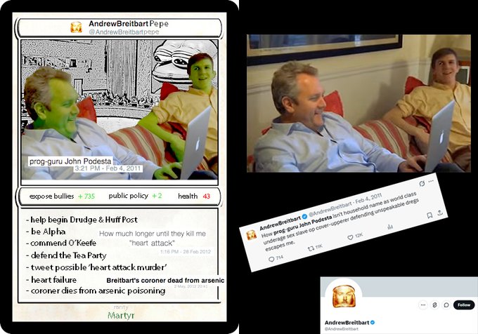 A collage showing a Twitter post from @AndrewBreitbartpepe (named 'prog-gun John Podesta') dated Feb 4, 2011, alongside a side-by-side comparison of a Pepe-style edited image and the original photo of John Podesta, plus a current Andrew Breitbart account link.