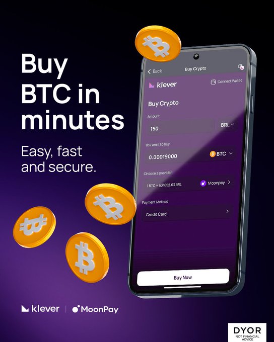 The image is a promotional graphic featuring a smartphone displaying the Klever Wallet app's "Buy Crypto" screen, showing a purchase of 150 BRL for 0.00019000 BTC via MoonPay using a credit card, surrounded by floating Bitcoin coins against a purple background. The text "Buy BTC in minutes — Easy, fast and secure" alongside the Klever and MoonPay logos visually reinforces the post's message about seamlessly purchasing Bitcoin within Klever Wallet through MoonPay.