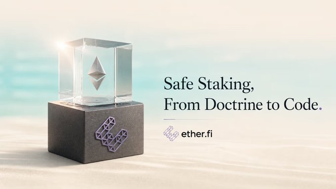 A promotional image for ether.fi featuring a clear cube containing the Ethereum logo on a dark base, with the tagline 'Safe Staking, From Doctrine to Code.'