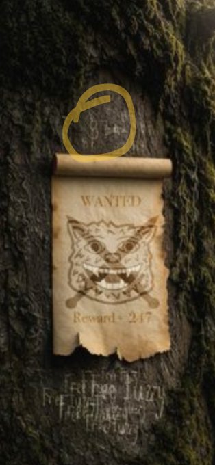 A wanted poster for the Cheshire Cat-style creature from Alice in Wonderland is tacked to a mossy tree trunk, with the name 'Chester J. Nimblewhiskers' circled in yellow above it.