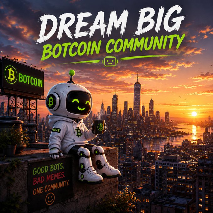 An illustrated promotional poster reading 'DREAM BIG BOTCOIN COMMUNITY' featuring a green and white robot character sitting on a building ledge overlooking a city skyline at sunset, with a billboard displaying 'BOTCOIN' and Bitcoin logos.