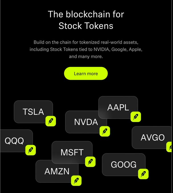 A promotional graphic for Robinhood Chain titled "The blockchain for Stock Tokens," featuring floating dark tiles displaying stock tickers (TSLA, QQQ, NVDA, AAPL, AVGO, MSFT, GOOG, AMZN) each marked with a small green leaf icon. The image relates to the post by highlighting the stock-token blockchain infrastructure that dxdy's perpetual DEX is being built on, now open for waitlist sign-ups.