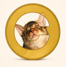 A pixelated tabby cat peeks through the center of a glossy gold coin featuring an Ethereum-style "Ξ" emblem, styled as the mascot for the $CATE memecoin and directing viewers to its community page.