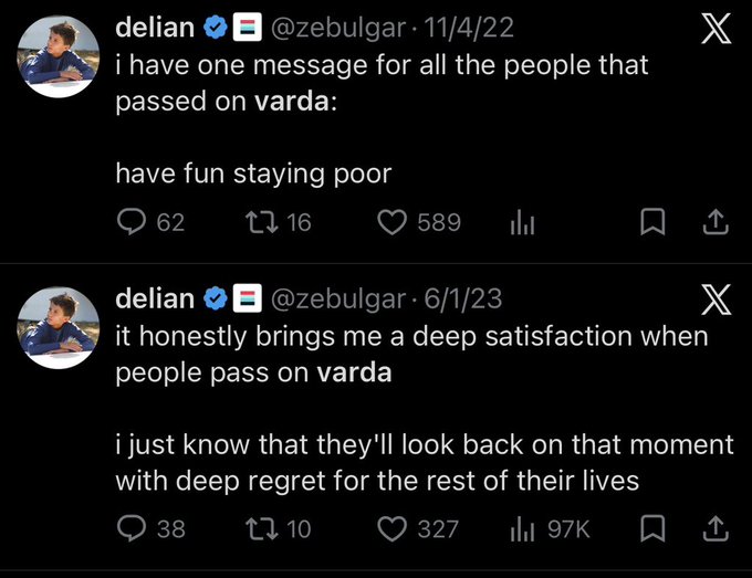 Two tweets from user @zebulgar about people who passed on 'varda', with the second tweet gaining 97K views.