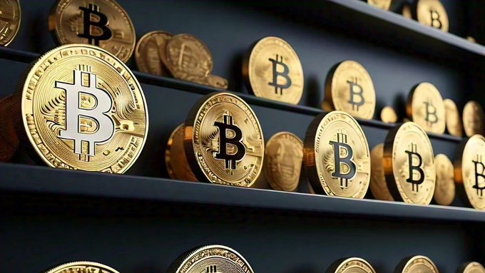 A display of numerous gold-colored physical Bitcoin coins arranged in rows on dark shelves, featuring the iconic Bitcoin 'B' symbol.
