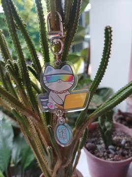 A photo of an acrylic keychain charm featuring a cute cartoon character with rainbow-colored glasses holding a laptop, hanging from a gold clasp against a background of a green cactus plant in a pot.