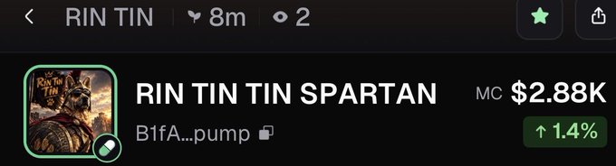 A Robinhood app screenshot showing the cryptocurrency "RIN TIN TIN SPARTAN" with a market cap of $2.88K and a 1.4% increase.
