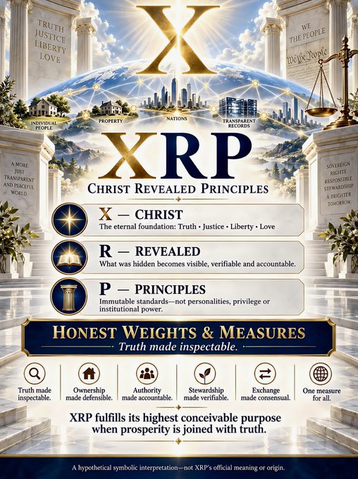 A symbolic infographic defining 'XRP' as 'Christ Revealed Principles,' featuring columns, scales, and illustrations related to Truth, Justice, Liberty, and Love.