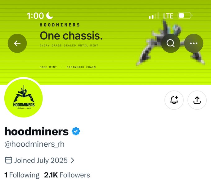A Twitter/X profile page for "hoodminers" (@hoodminers_rh), which is verified and has 2.1K followers, joined July 2025. The banner advertises "One chassis" with a free mint on Robinhood Chain, aligning with the post's mention of a free mint coming to Robinhood.