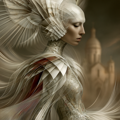 A digital fantasy portrait of a pale, ethereal figure with elaborate layered white feather-like hair and gown, eyes closed in profile. A faint domed building silhouette appears in the sepia-toned background, giving the piece an otherworldly, cathedral-like atmosphere.