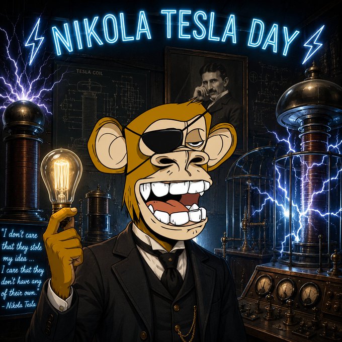 A 'Nikola Tesla Day' illustration featuring a cartoon monkey character with an eye patch holding a glowing lightbulb in a Victorian laboratory filled with Tesla coils, electric arcs, and a Tesla portrait, with a Tesla quote about caring for ideas rather than stealing them.