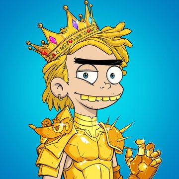 A cartoon character wearing a golden crown and golden armor, smiling with one hand raised in a gesturing pose against a blue background.