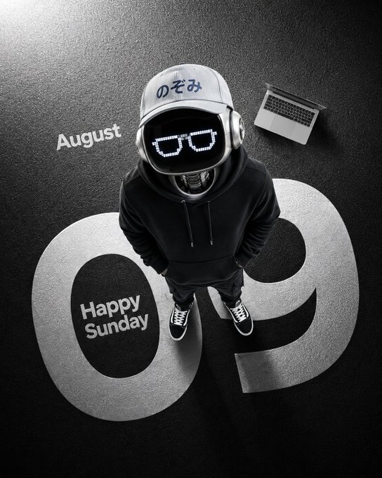 A black-and-white digital illustration of a person wearing a hoodie, cap, and pixelated LED sunglasses, standing on large numbers '09' with the text 'August' and 'Happy Sunday'.