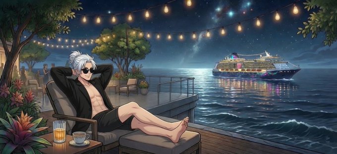 An anime-style illustration of a white-haired man wearing sunglasses and an open black shirt, lounging on a deck chair at an oceanfront restaurant with string lights, while a cruise ship sails on the water under a starry night sky.