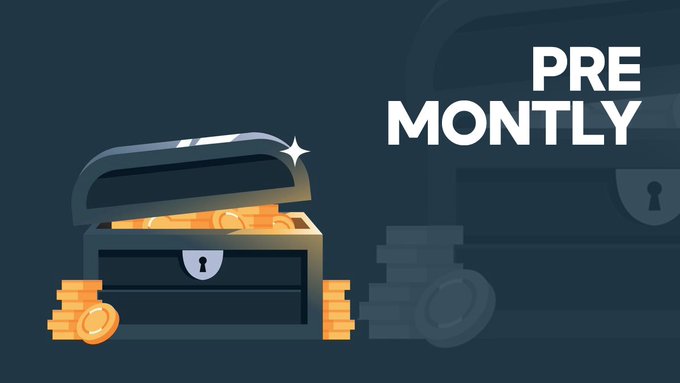 The image features a dark teal background with an illustrated open treasure chest overflowing with gold coins, accompanied by stacked coins beside it and a faded second chest in the background. Bold white text on the right reads "PRE MONTHLY," promoting the monthly bonus drop mentioned in the post directing users to claim via the stake.com link.
