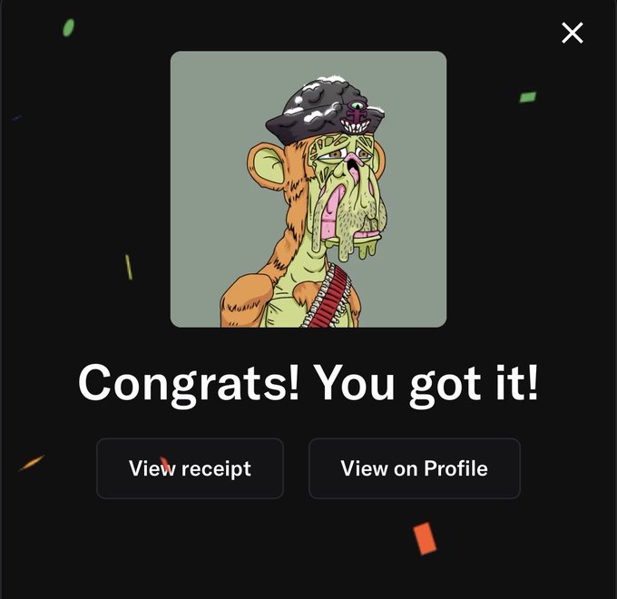 A digital receipt screen displays a cartoon Bored Ape Yacht Club NFT character with the text 'Congrats! You got it!' along with buttons for 'View receipt' and 'View on Profile'.