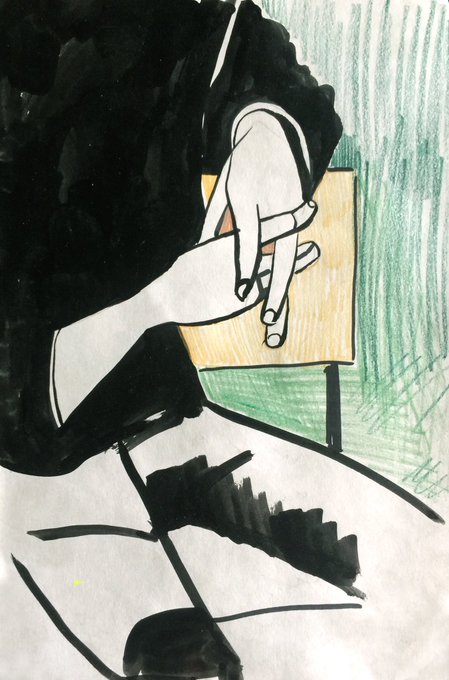 A hand-drawn illustration showing a figure in dark clothing with white arms and hands posed over a yellow chair, set against a green sketched background with black ink shading.