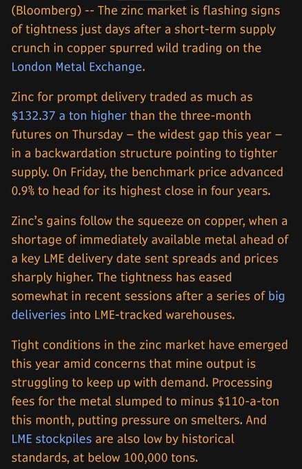 A Bloomberg news article reports that zinc traded in backwardation on the London Metal Exchange, with prompt delivery at a $132.37/ton premium over three-month futures, the widest gap this year, signaling tight supply amid low LME stockpiles (under 100,000 tons) and mine output struggling to meet demand. This context supports the accompanying post's argument about $LPTH, as germanium is primarily a byproduct of zinc ore processing, meaning zinc market tightness signals a potentially more critical stage for germanium supply beyond just price surges.