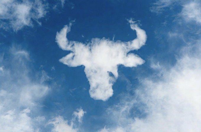 A creative photograph of a white cloud shaped like a bull's head with horns, set against a bright blue sky with scattered clouds.