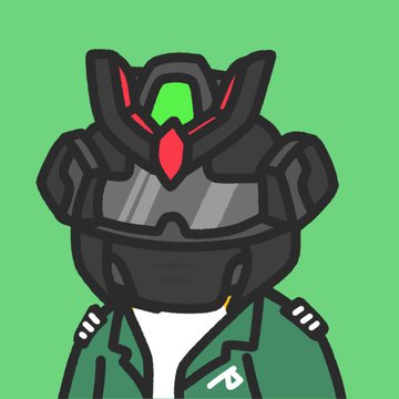 A cartoon character wearing a dark futuristic helmet with red glowing accents and cat-ear-like protrusions, dressed in a green jacket with a chain strap, against a bright green background.