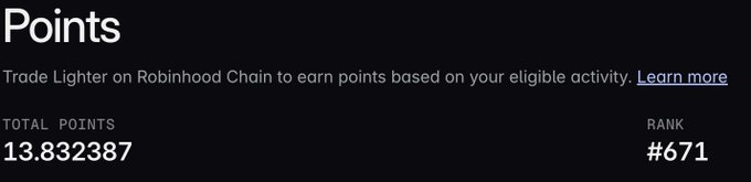 A dark-themed digital interface displaying 'Points' with text 'Trade Lighter on Robinhood Chain to earn points based on your eligible activity', showing 'TOTAL POINTS 13.832387' and 'RANK #671'.