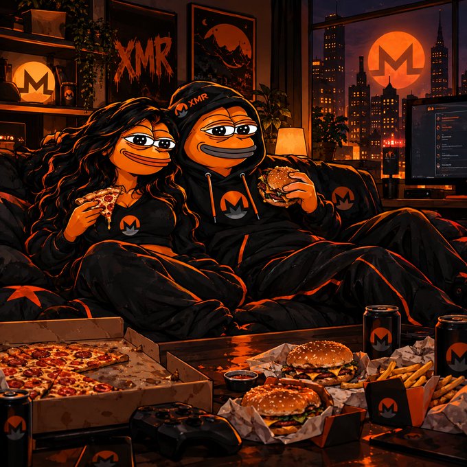 An illustrated cartoon-style image depicts two characters in black "XMR" and Monero-branded hoodies eating pizza and burgers while lounging in a dark room lit by an orange moon and city skyline.