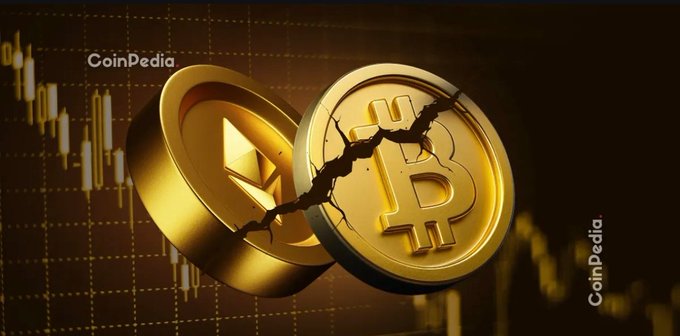 A cracked golden coin split between Ethereum and Bitcoin symbols against a candlestick chart backdrop, branded with "CoinPedia," visually representing the upcoming $18 billion in BTC and ETH options expiry on Deribit.