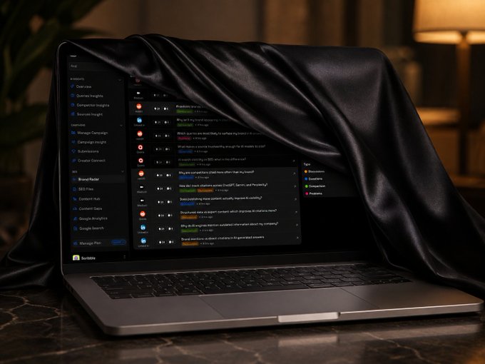 A laptop draped in black silk fabric displays a dashboard interface with categories like "Datasource," "Business Insights," and "Competitor Insights," symbolizing the uncovering of hidden threads on Reddit and Quora. The metaphor of lifting the veil reflects the post's promise of revealing previously inaccessible conversations about users' categories.