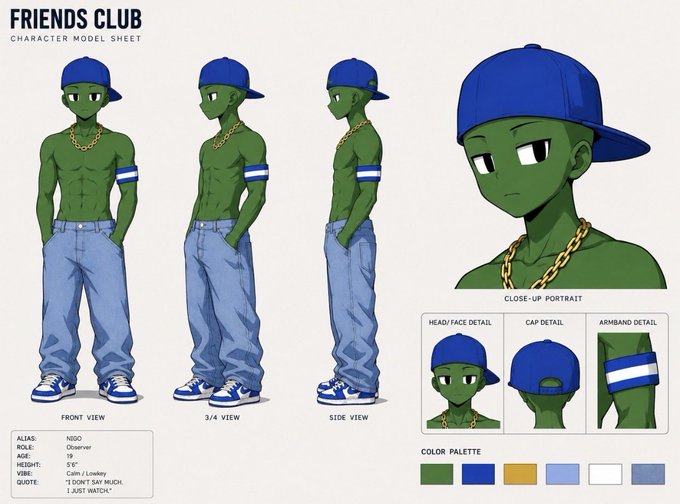 A character model sheet titled 'FRIENDS CLUB' showing a green-skinned character named 'NIGO' (Observer) wearing a blue cap and jeans, with views from front, 3/4, and side, plus a close-up portrait.