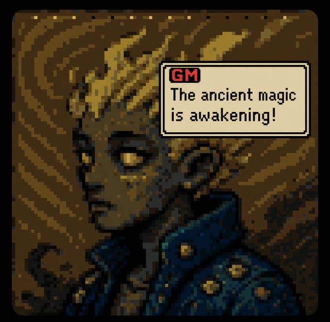 Pixel art illustration of a character with glowing golden eyes and energy emanating from their head, accompanied by a text box reading 'GM The ancient magic is awakening!'