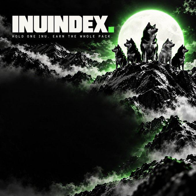 A promotional graphic with a dark green theme shows a pack of wolves on a rocky mountain under a full moon, with the text 'INUINDEX. HOLD ONE INU. EARN THE WHOLE PACK.'