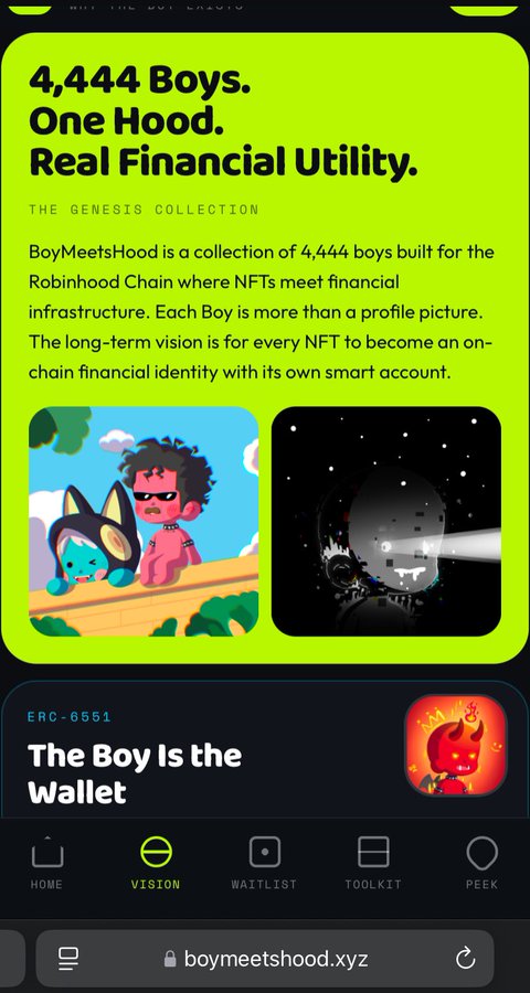 A mobile screenshot of the BoyMeetsHood website (boymeetshood.xyz) on the Vision tab, advertising "4,444 Boys. One Hood. Real Financial Utility" as The Genesis Collection on the Robinhood Chain. The image shows two NFT character previews and a "Boy Is the Wallet" section, likely shared by a critic pointing out that despite the project's "real financial utility" claims, it hasn't even updated its OpenSea listing.