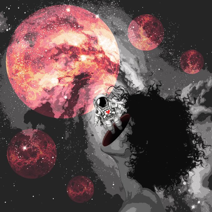 A digital illustration shows a small astronaut surfing on a black tendril through space, surrounded by pink and red planets and white stars.