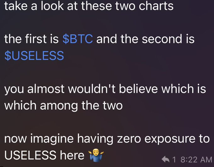 A dark social media post compares two charts of "$BTC" and "$USELESS," claiming they're hard to tell apart, then pitches "$USELESS" with the line "now imagine having zero exposure to USELESS here 🤷‍♂️"