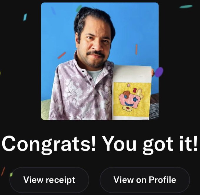 A mobile screen shows a "Congrats! You got it!" message with confetti, featuring a photo of a smiling man holding up a child's drawing, with buttons to "View receipt" and "View on Profile."