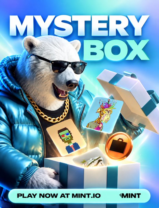 An advertisement for 'MYSTERY BOX' by MINT features a polar bear in a blue puffer jacket and sunglasses holding a gift box with digital collectibles, with 'PLAY NOW AT MINT.IO' at the bottom.