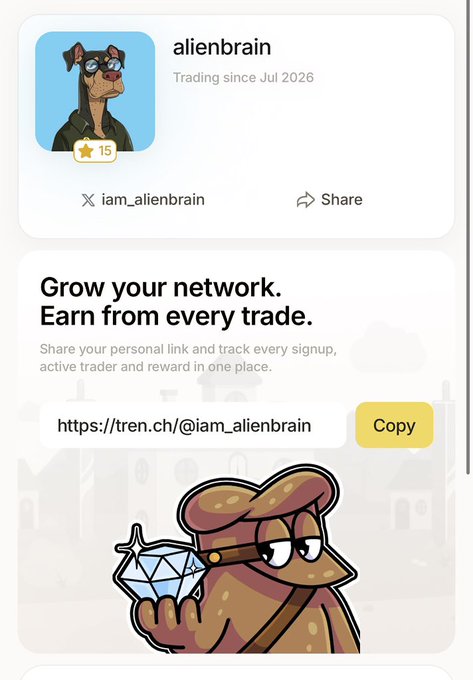 A Tren.ch profile page for 'alienbrain' (iam_alienbrain) with a 15-star rating, trading since July 2026, showing a referral link (https://tren.ch/@iam_alienbrain) and cartoon mascot artwork.