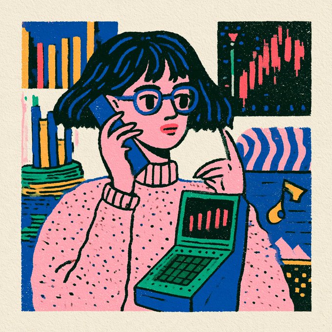 A stylized illustration shows a woman with short dark hair and glasses, holding a phone to her ear while using a teal laptop that displays a small bar chart, surrounded by screens showing stock graphs and data visualizations. The image visually reinforces the post's message about HOODIT's mission to unify market analysis, information, and execution into a single seamless trading experience.