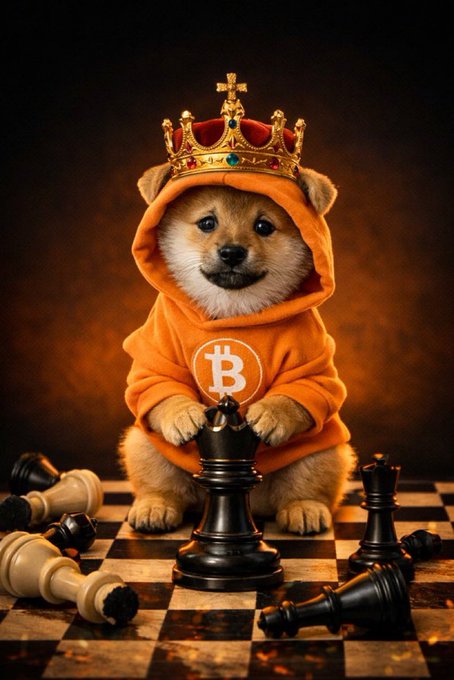 An AI-generated image of a cute dog wearing an orange Bitcoin-themed hoodie and a golden crown, sitting on a chessboard with a black chess piece in front.