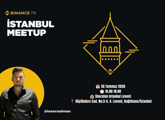 The image is a promotional graphic for the "Binance TR Istanbul Meetup," featuring Binance TR's logo, a stylized golden Galata Tower illustration, and event details listing the date (26 Temmuz 2026 / July 26, 2026), time (15:00-18:00), and venue (Sheraton Istanbul Levent, Büyükdere Cad. No:3-4, 4. Levent, Kağıthane/Istanbul), alongside a photo of a man in a black shirt with the handle @inancsalman. The graphic visually complements the announcement by highlighting the meetup's location and theme, tying the Istanbul setting (via the Galata Tower) to the face-to-face crypto community gathering described in the post.