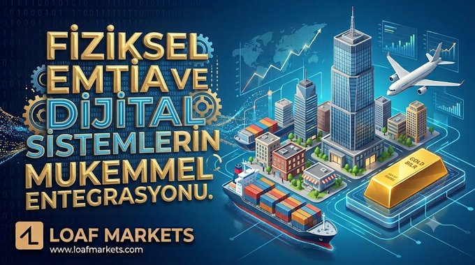 A promotional banner for "LOAF MARKETS" with the text "FİZİKSEL EMTİA VE DİJİTAL SİSTEMLERİN MUKEMMEL ENTEGRASYONU" displayed alongside images of skyscrapers, a cargo ship, gold bar, and airplane.