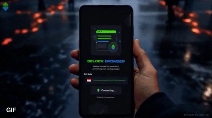 A hand holding a smartphone displaying the Beldex Browser interface with a 'Connecting...' status, set against a dark, atmospheric background.