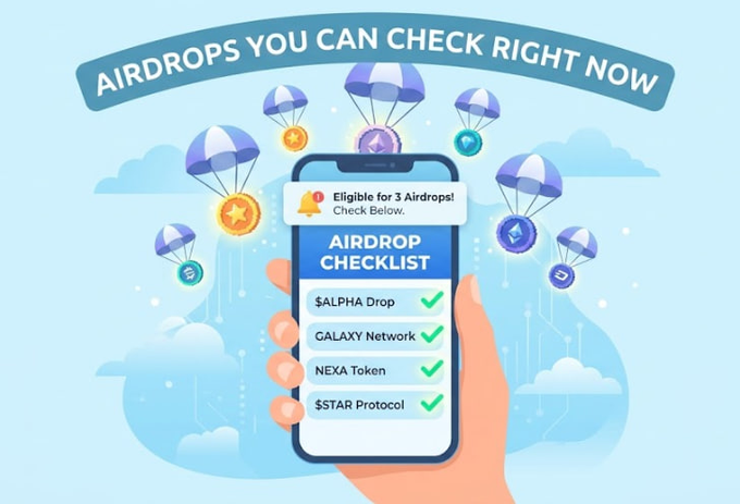 A hand holds a smartphone displaying an "AIRDROP CHECKLIST" showing eligibility for $ALPHA Drop, GALAXY Network, NEXA Token, and $STAR Protocol, all marked with green checkmarks under a banner reading "AIRDROPS YOU CAN CHECK RIGHT NOW" surrounded by parachuting crypto coins—illustrating the post's call for users to verify and claim their wallet airdrops, such as dappOS and OpenSea's $CASHCAT rewards.