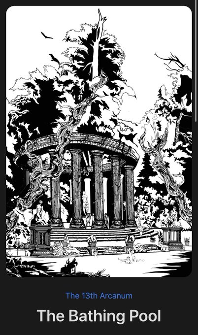 A black and white illustration of a classical ruin surrounded by trees and figures, labeled 'The 13th Arcanum' and 'The Bathing Pool'.