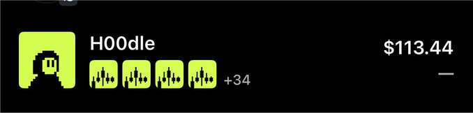 The image shows a Spotify-like music entry for "H00dle" at $113.44, with 3 episodes and 34 additional tracks. It relates to the post showing that the user minted H00dle NFTs for only $7, which is significantly lower than the $113.44 displayed value in the image.